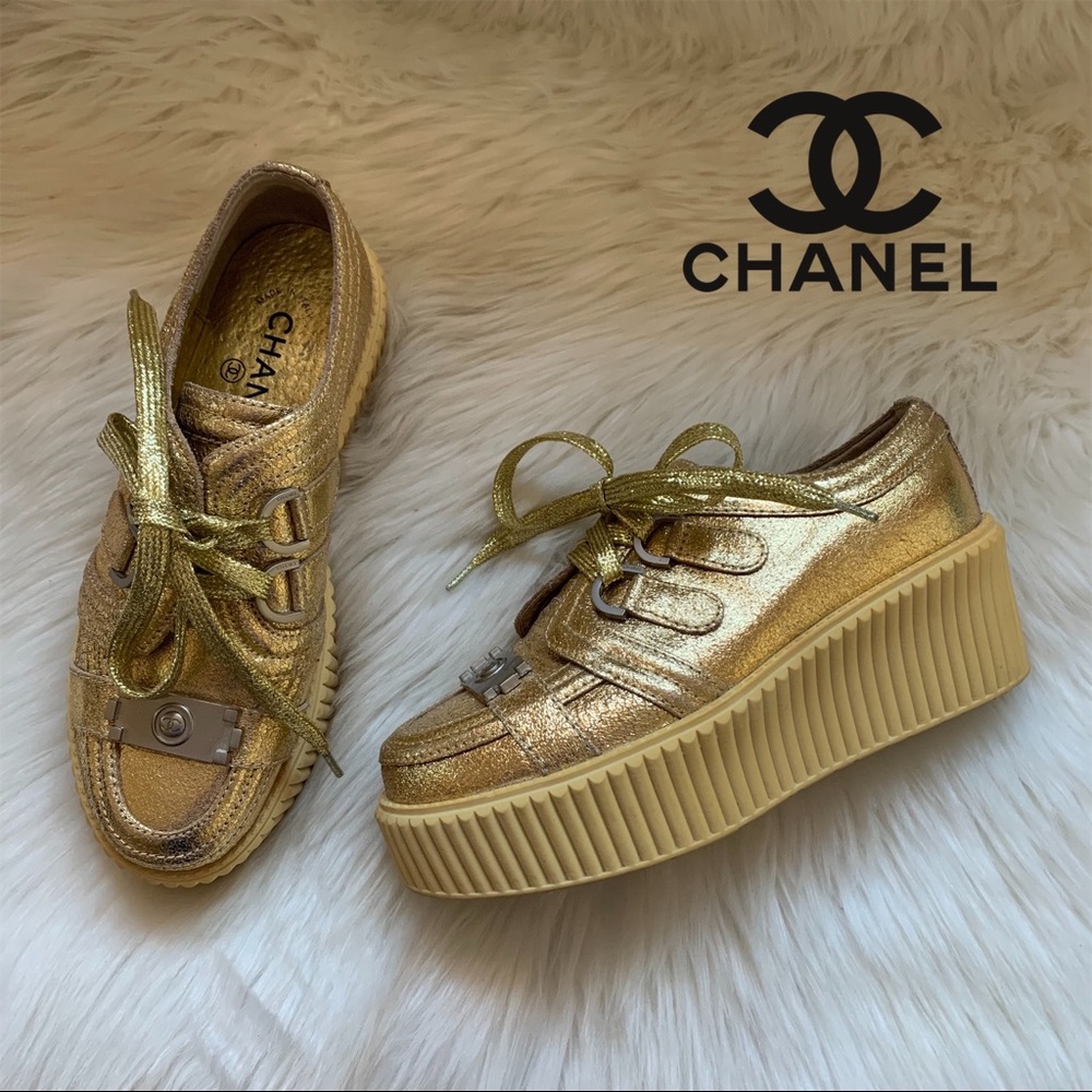 ⭕️Sold⭕️ CHANEL Gold Creepers Platform Sneakers - Picture 1 of 8